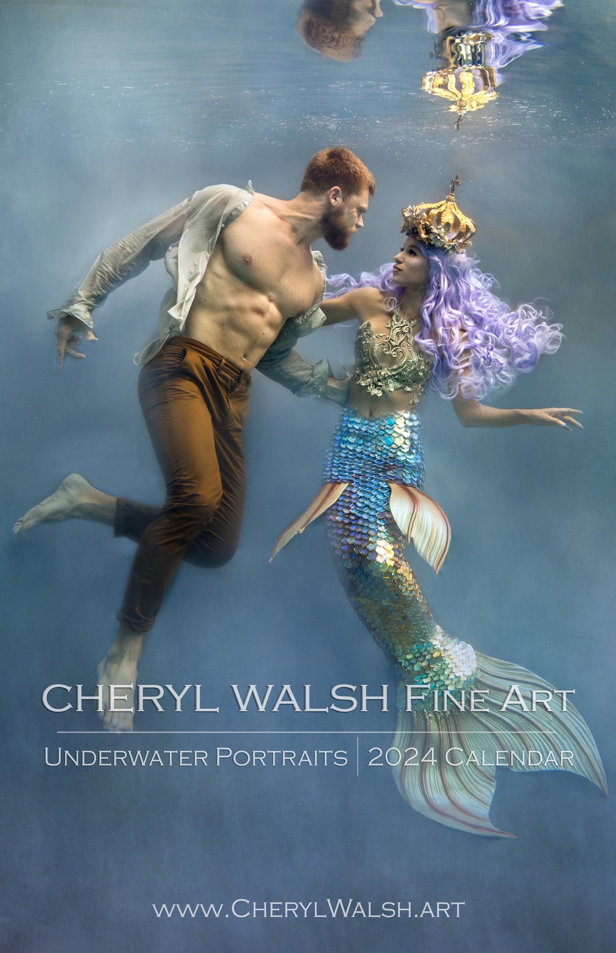 Handsome gentleman and lovely mermaid queen in partial embrace